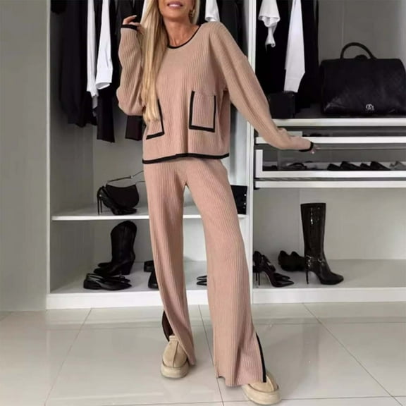 Women's Fall Color Block Casual Two Piece Set With Contrast Pocket Top And Wide Leg Pants Prom Suits for Women Womens Pant Suit plus Size Women's Petite Formal Outfits for Women Women Outfits Bib