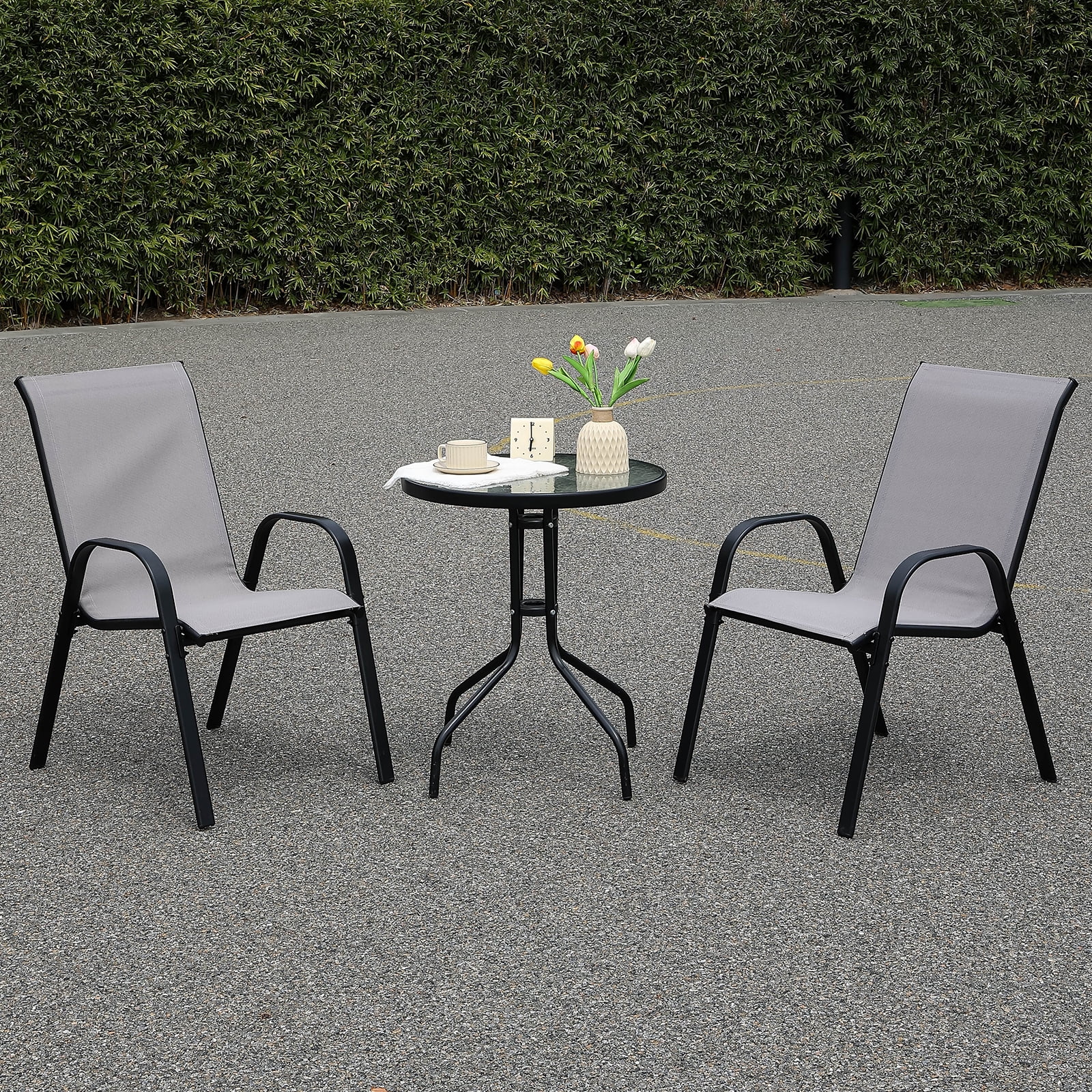 Stackable Outdoor Patio Dining Chairs with Backrest/Armrests for Lawn Garden Balcony Deck Camping-Set of 4 (gray)
