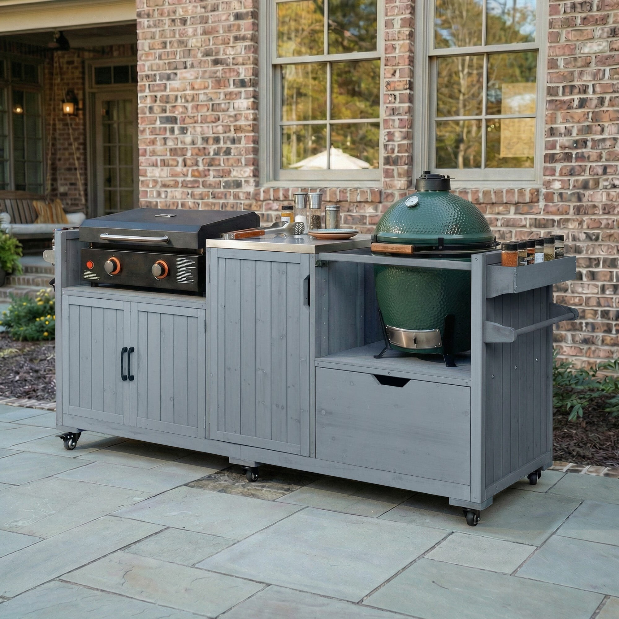AENKYO 80.5" Outdoor Kitchen Island for Big Green Egg & Blackstone, Wood Grill Cart with Stainless Steel Top, Gray Blue
