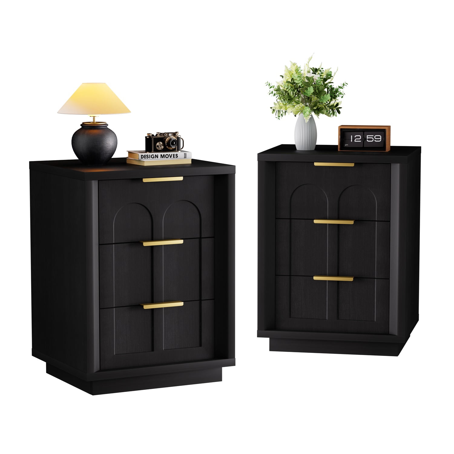 Hommoo 2-Pack Modern Nightstands with Arched Drawer Fronts, 3-Drawer Storage Side Tables with Gold-Tone Metal Handles for Bedroom, Living Room or Office, Black