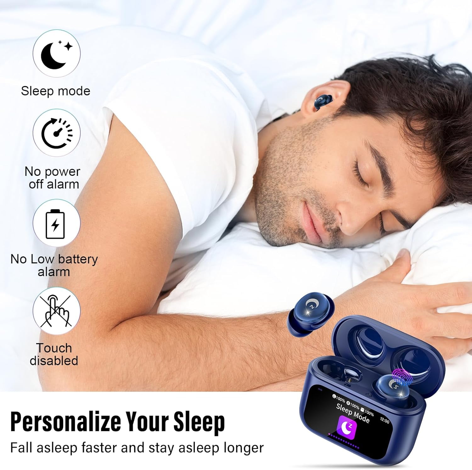 Sleep Earbuds Bluetooth 5.4 in Ear Smart Touch Screen Headphones, 48H Noise Cancelling Ear Buds with 5 EQ Modes, Mini Wireless Headphones Small Design for Side Sleepers, Clear Calls Earphones, IPX7