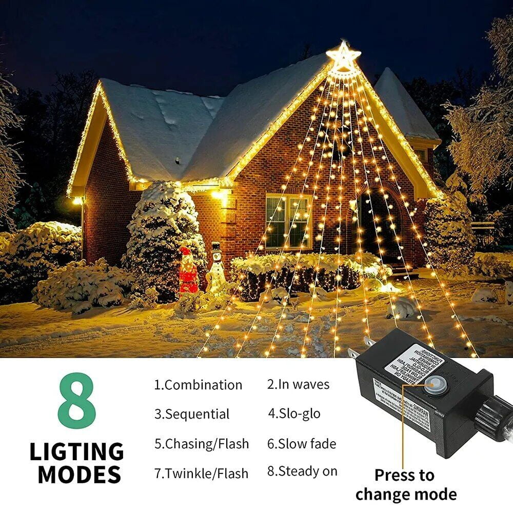 Christmas Lights Outdoor,12.6ft 8 Lighting Modes Waterfall Lights for Christmas, Outdoor Christmas Decorations for Yard, Christmas Lights for Tree House Holiday Party, Warm White