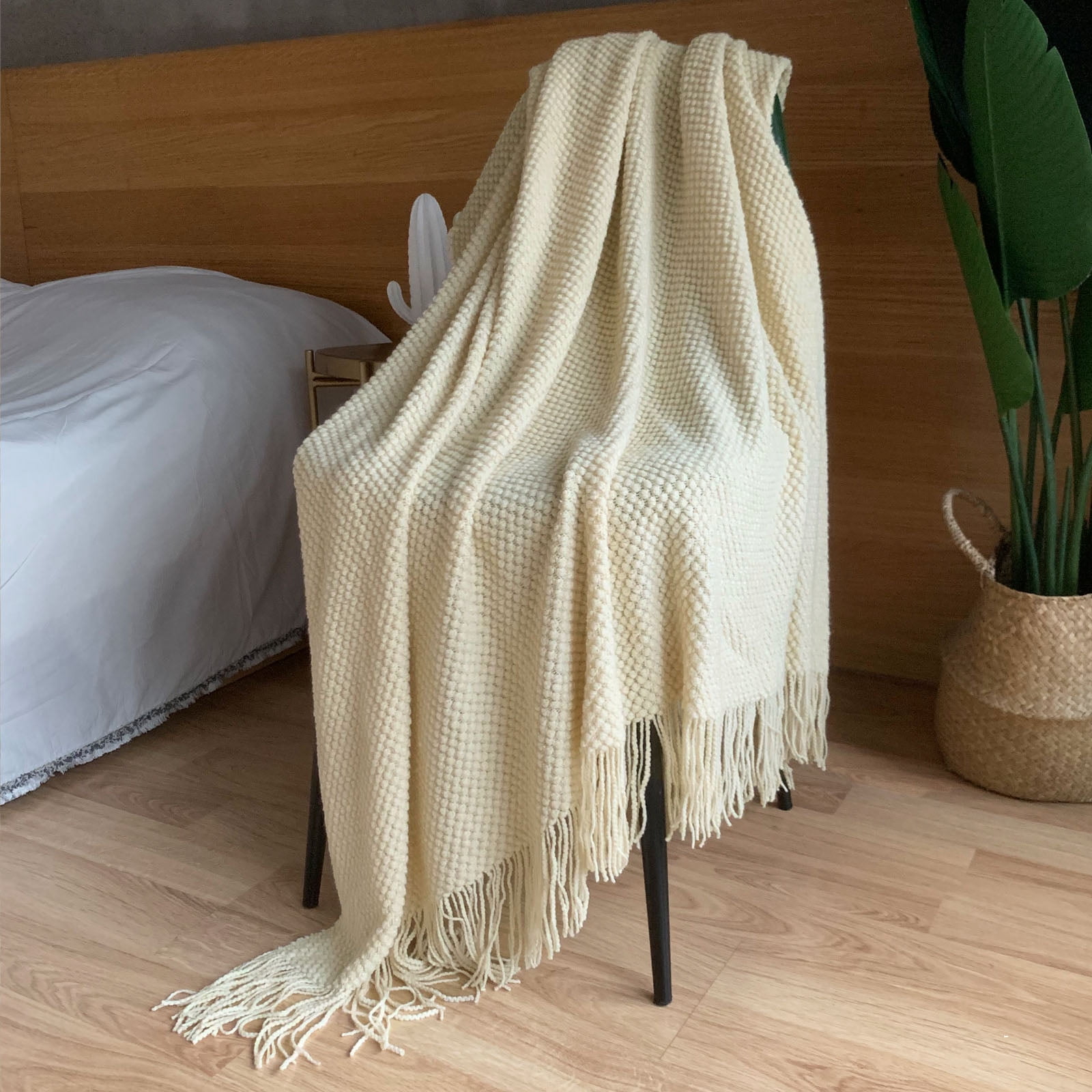 LOMAO Knitted Throw Blanket with Tassels Bubble Textured Lightweight Throws for Bed,Chair,Sofa,Living Room,Home Decor (Cream,50*60 in)