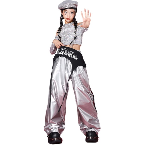 CUZIBR Girls Pants Jazz Pants Sparkly Shiny Wide Leg Cargo Trousers Stage Performance Show Dancewear Sequin Streetwear For Sports Everyday Activities,Light Gray,3-4 Years