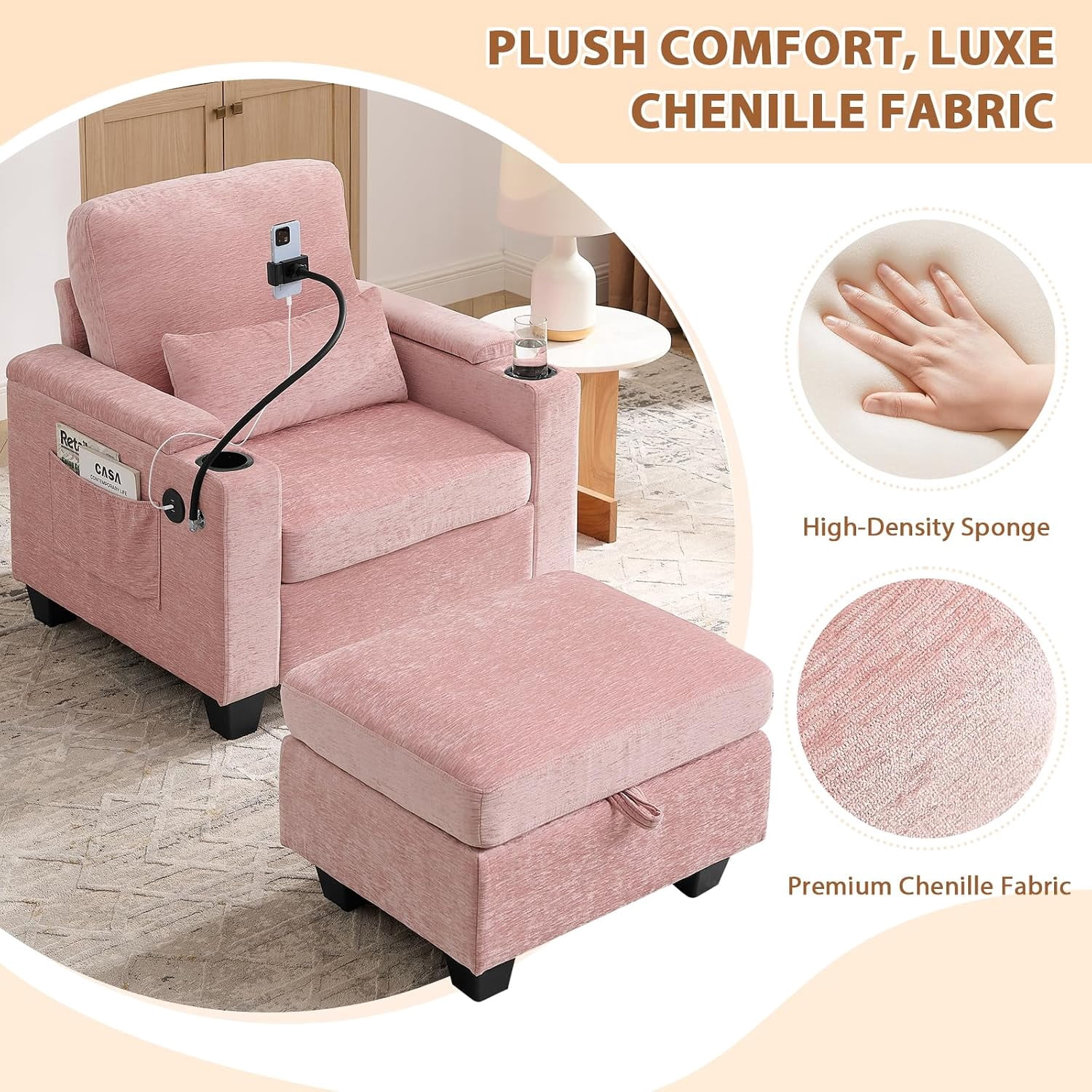 MOONMISS Oversized Chaise Lounge Chair Indoor, Single Convertible Recliner Reading Arm Sofa Chair W/Adjustable Backrest & Charging Port Couch Bed for Living Room, Home Theater & Bedroom,Pink