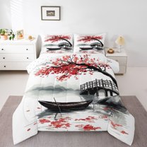 Homewish Red Cherry Blossoms Full Size Comforter Sets for Adult, Tokyo Lake Bedding Comforter Set, Vintage Japanese Style Reversible Bedding Sets, Ultra Soft Bedroom Decor, 3pcs