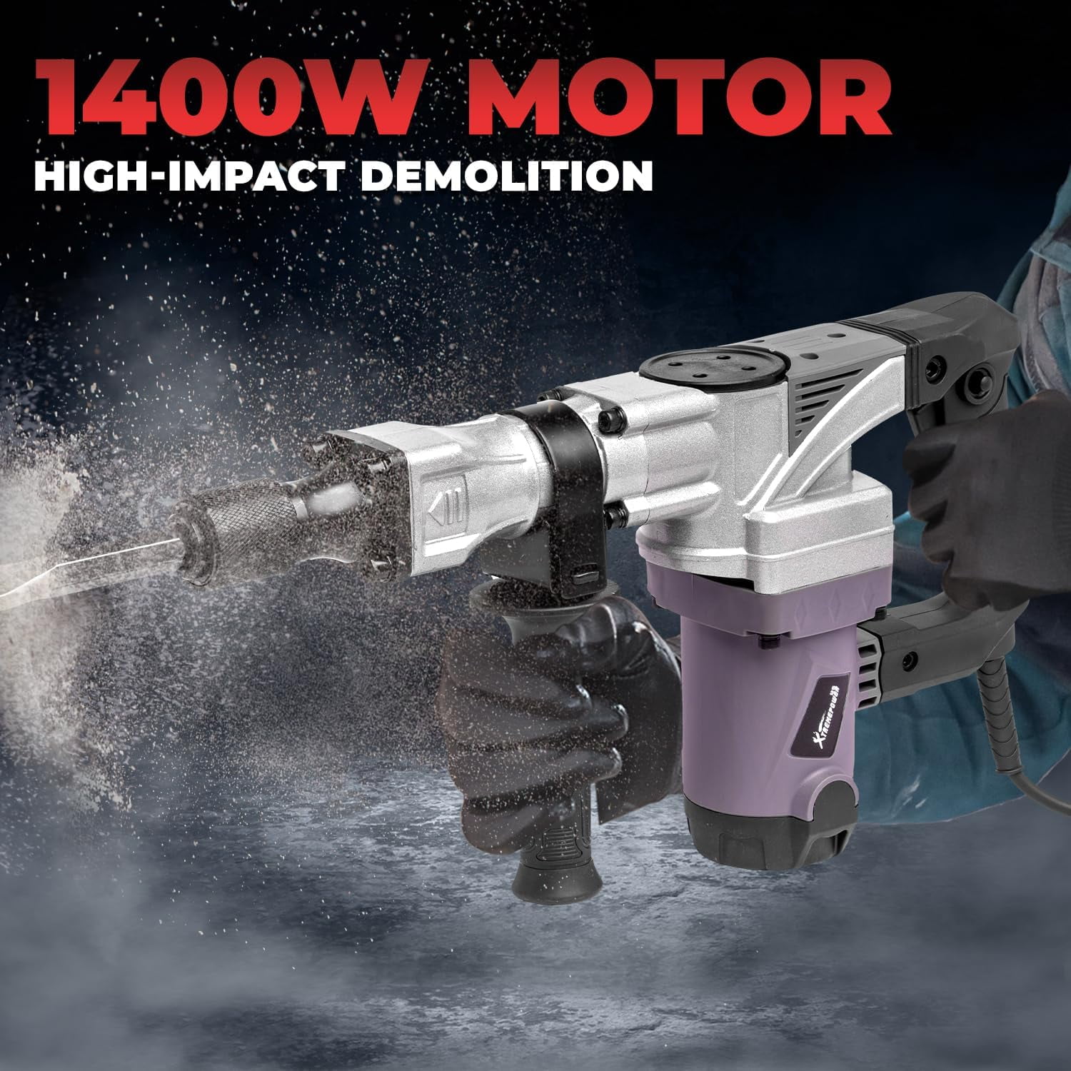 XtremepowerUS Demolition Jack Hammer, 1400W Electric Jackhammer Heavy Duty, 2pc Chisels Bits Chipping With Case, 3000 BPM Concrete Breaker, 5/8" Hex Shank