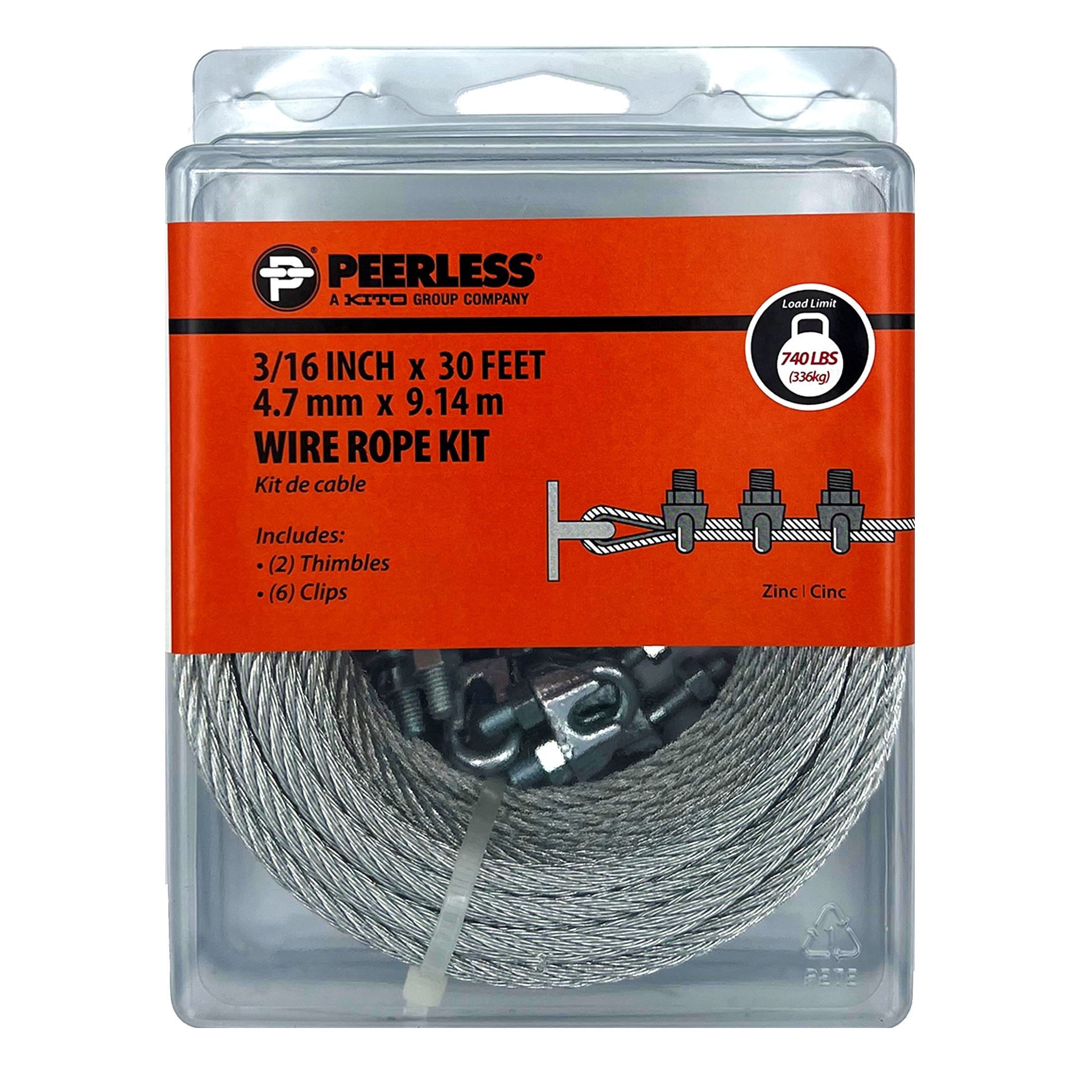 (2 pack) 3/16" Wire Rope Kit, 30', 2 Thimbles and 6 Clips Included, Zinc, Peerless Chain Company, #4742760