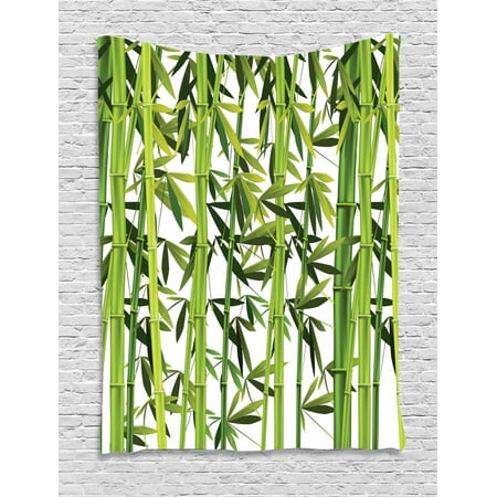 Bamboo Tapestry, Fresh Green Plant with Leaves in Zen Garden Nature Growth Ecology Feng Shui Theme, Wall Hanging for Bedroom Living Room Dorm Decor, Green White, by