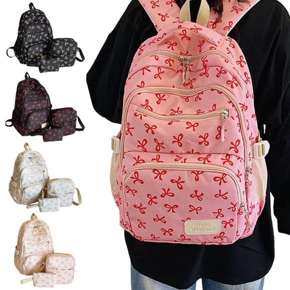 CoreLiving Women's Bow Backpack Purse Set with Coin Purse, Kawaii Coquette Nylon Travel Daypack for Laptop, Lightweight Personal Item Bag for Flying, Airline Friendly 3-Piece Set