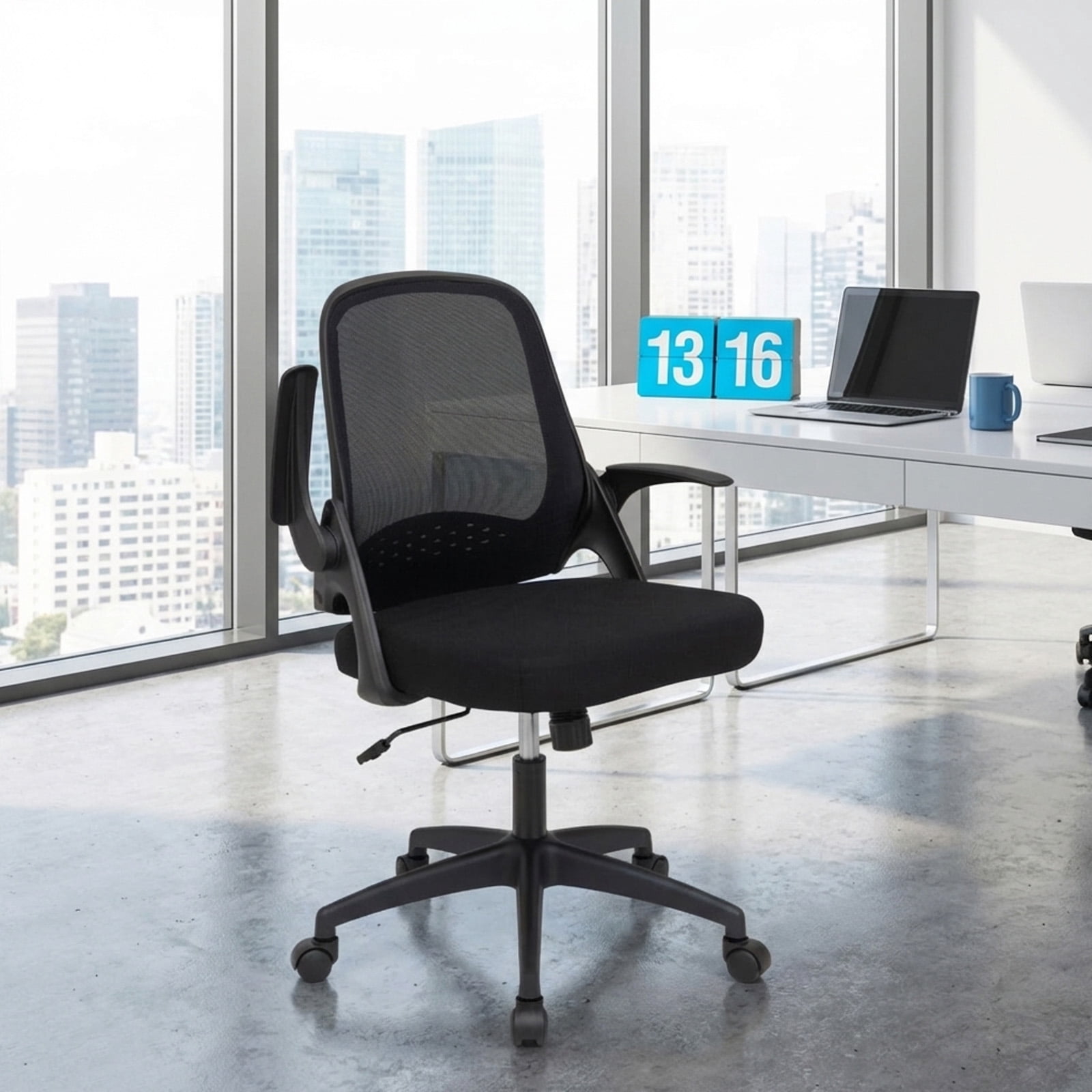 Furnibear Mesh Office Chair with Flip-up Armrests, Lumbar Support, Adjustable Height Ergonomic Rolling Computer Desk Chair for Home Office, Black