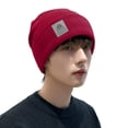 thumbnail image 1 of Men Hat Solid Color Labeling Brimless Stretch Coldproof Beanie Hat Autumn Winter Plush Lining Ear Protection Hat Streetwear, 1 of 10