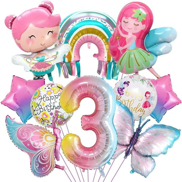 Set de globos con diseño de hadas y mariposas con globo de 3 números