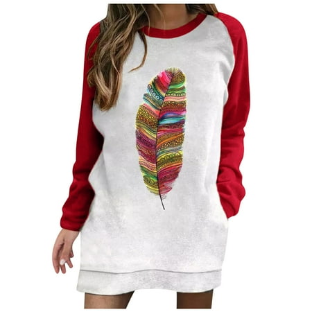 

Pianpianzi And Sequin Dresses for Women Maternity Dress Sweater Set Dress Ladies Contrast Color Long Sleeve Loose Printing Pocket Sweatshirt Dress