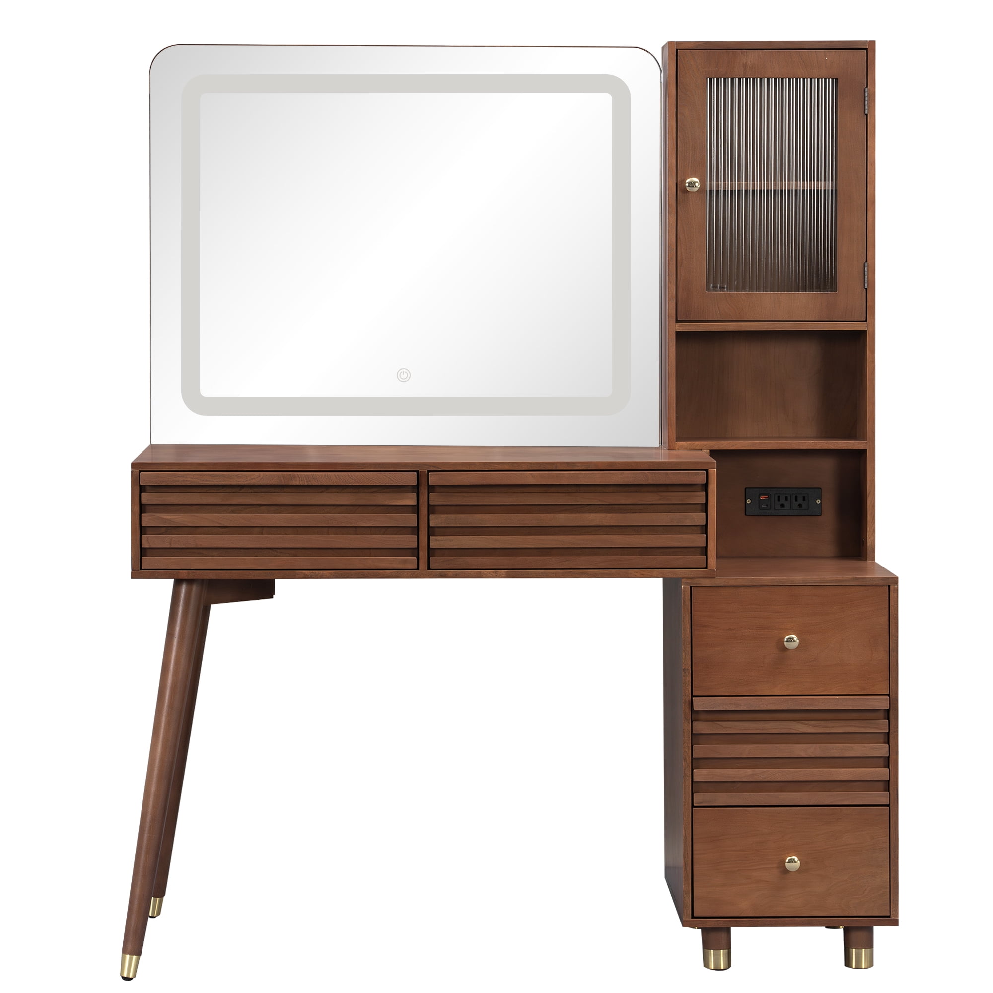 GARITIN Makeup Vanity Desk 45.9 Inch, Dressing Table with Mirror and LED Lights, 5 Drawers and Fluted Glass Storage Cabinet with Power Outlet, Espresso