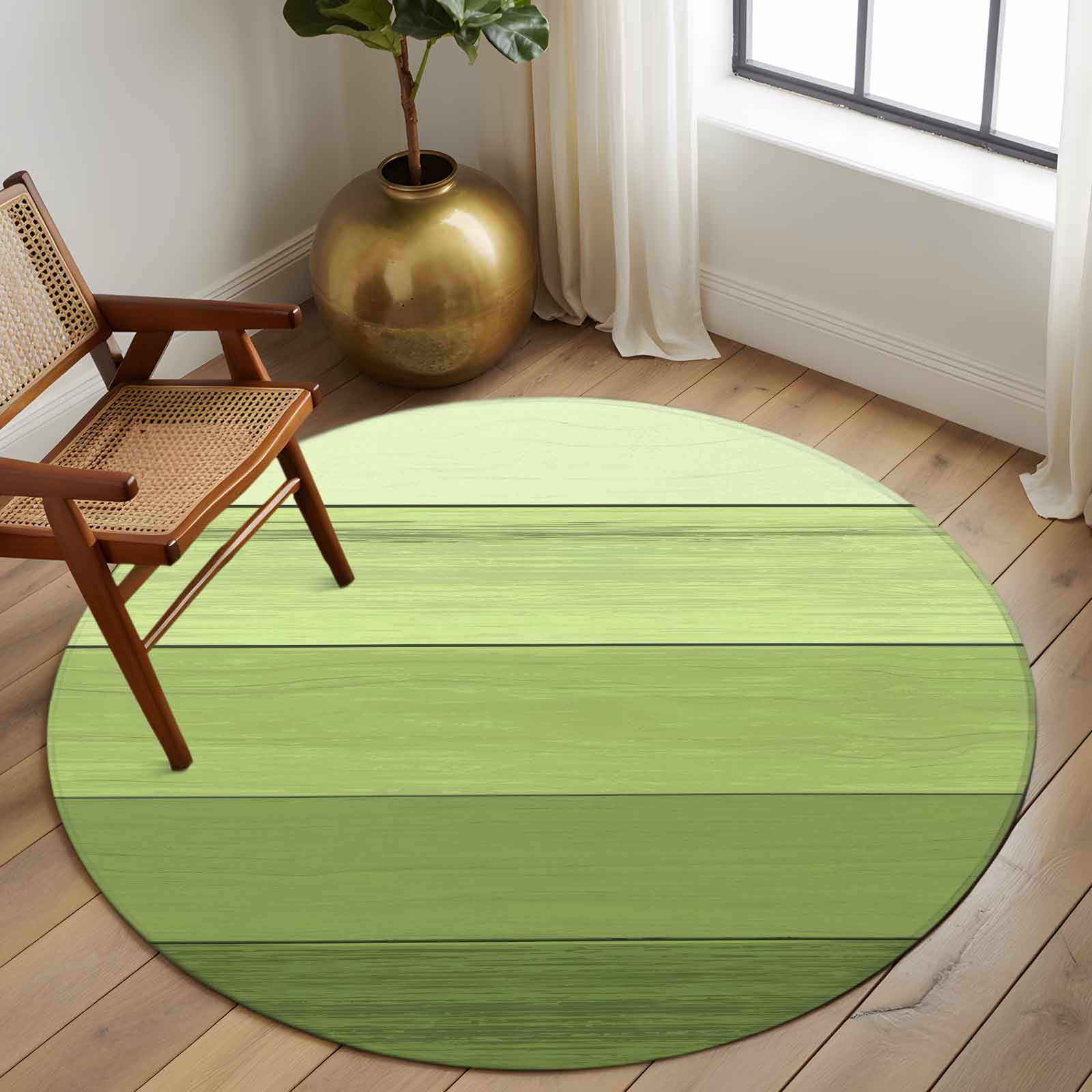 Round Area Rug 5 Ft, Green Wood Grain Washable Non-Slip Circle Carpet for Living Room/Bedroom, Ombre Rustic Retro Wooden Plank Low-Profile Runner Mats Collection Rugs for Indoor