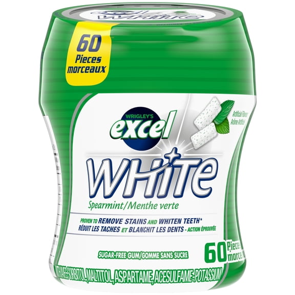 EXCEL White Spearmint, Teeth Whitening Sugar Free Chewing Gum, 60 Pieces, 1 Bottle