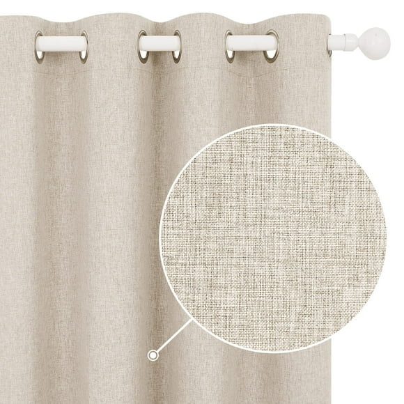 Deconovo 100% Blackout Curtains for Bedroom, Light Khaki, 52" W x 96" L, 1 Pair, Grommet Faux Linen Room Darkening Thermal Curtains, Noise Reducing Drapes for Sliding Glass Door