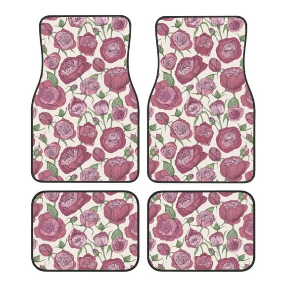Balery Rose Flowers Pattern 4-Piece Floor Mats, Heavy-Duty Rubber Liners, Anti-Slip Design, All-Season Automotive Protection, Vehicles, Cars, Trucks, and SUVs
