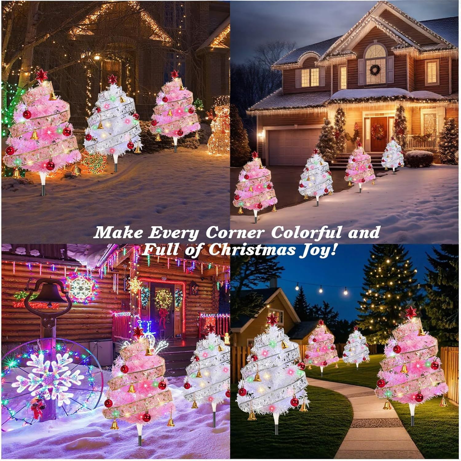 Set of 4 Prelit Pathway Christmas Trees, 33.86" Outdoor Xmas Tree with Twining Ribbons, Red Balls and Bells, Solar and Type-C Powered Xmas Decor for Yard Home Porch