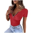 thumbnail image 3 of Fengqque Women's Knitted Rib T Shirt Half Zip V Neck Short Sleeve Casual Summer Slim Fit Top Red L(L), 3 of 7