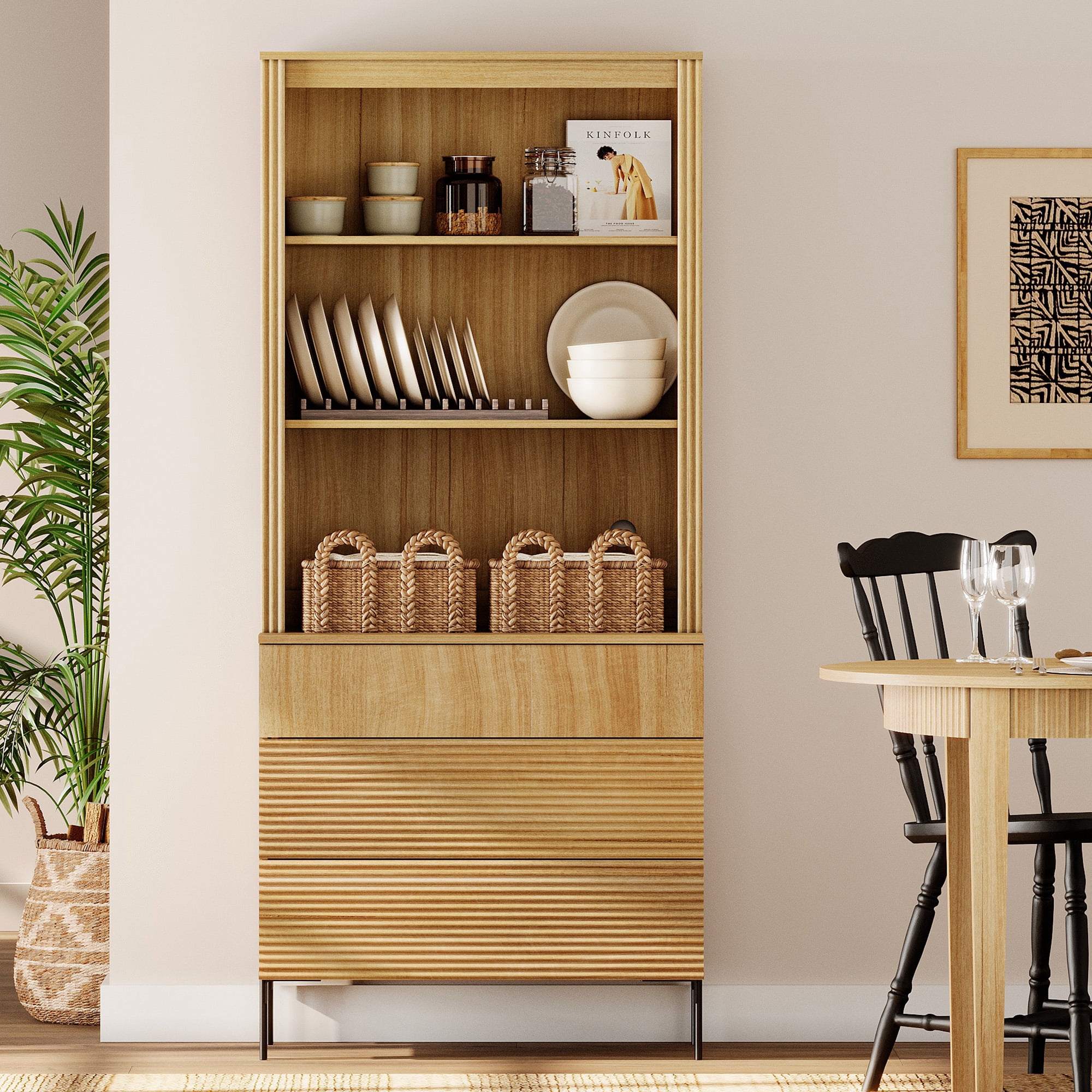71.6" Tall Fluted Kitchen Pantry Cabinet, Wood Bookcase Display Cabinet with Drawers and Adjustable Shelves, Modern Versatile Cupboard For Dining Room, Bedroom