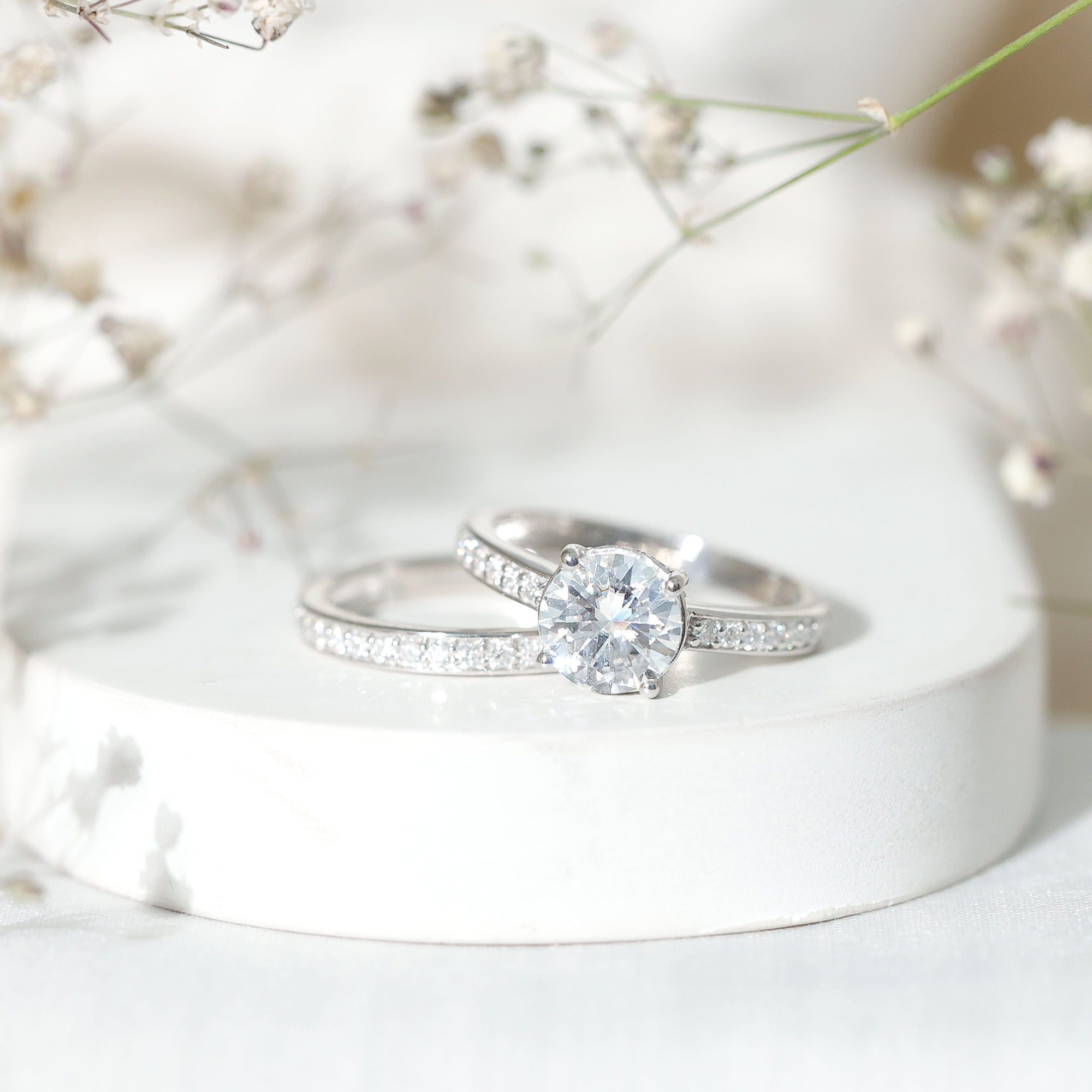 Rosec Jewels Lab Grown Diamond Wedding Engagement Ring Set for Women - 2 Carat Engagement Ring with Band - EF-VS Quality, 10K White Gold, US 7.00