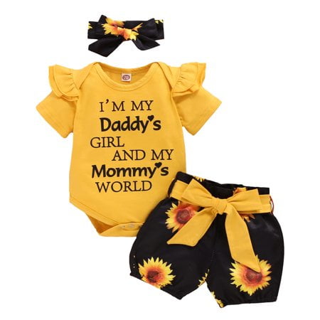 

Viworld Newborn Baby Girl Summer Clothes Short Sleeve Romper+Floral Pants+Headband 3Pcs Shorts Set Yellow 3-6 Months