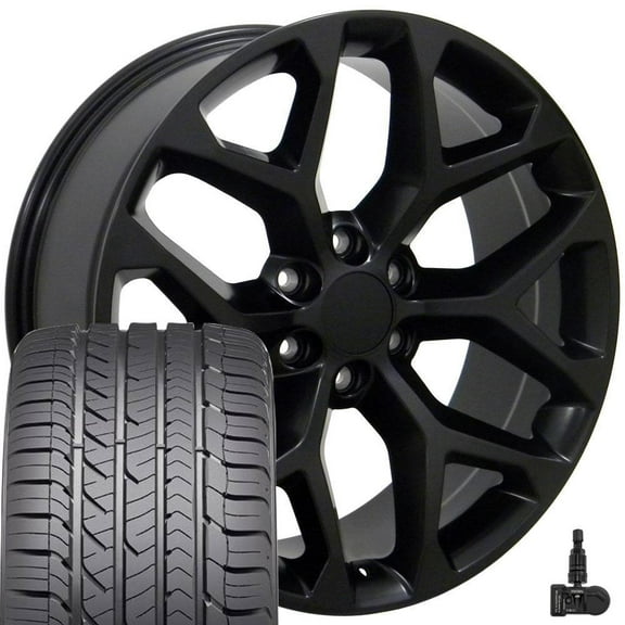 OE Wheels CV98 22 Inch Rims and Tires Fit Silverado 1500 Snowflake Style 6x139.7 22x9 Satin Black - Hollander 5668 - Eagle Sport AS 285/45-22 (Set of 4)