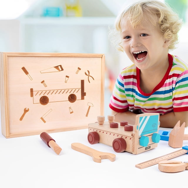 El juego de herramientas de madera para niños Wekvgz incluye una sierra para madera, un martillo para madera y otras herramientas. Juego de herramientas de madera portátil para niños. Juego de
