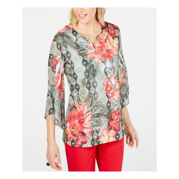JM COLLECTION Womens New 0219 Green Printed Embellished Blouse Casual Top M B B
