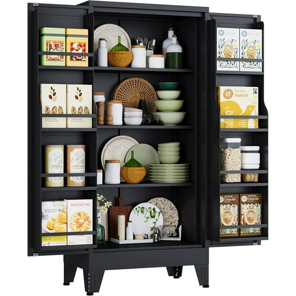 48" H Metal Kitchen Pantry Storage Cabinet, Freestanding Cupboard Storage Cabinet with Doors and Adjustable Shelves, Large Stand Up Food Cupboard for Living Room, Dinning Room, Black
