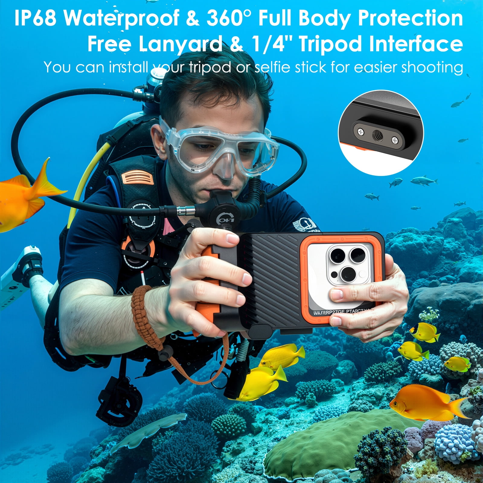 10m/33ft Universal IP68 Waterproof Diving Phone Case for iPhone 16/15/14/13/12/11 Pro Max/XS/Samsung S25/S24/S23/S22/S21 Ultra Snorkeling Touch Screen Scuba Housing Photo Video (Orange)