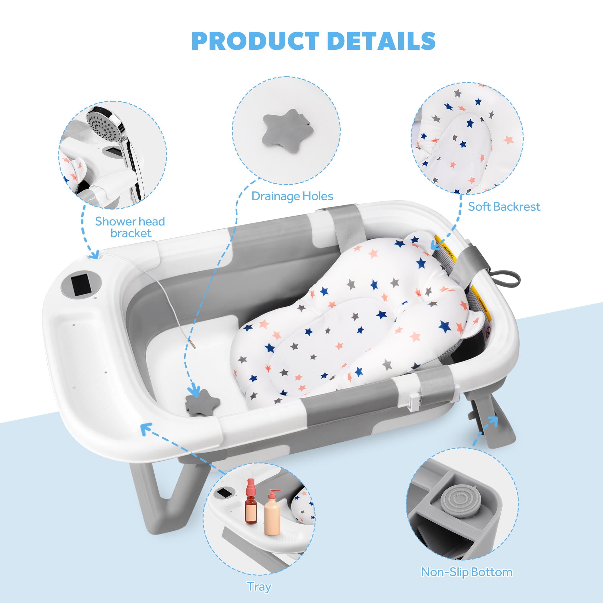 Folding Baby Bath Tub with Soft Support Cushion and Temperature