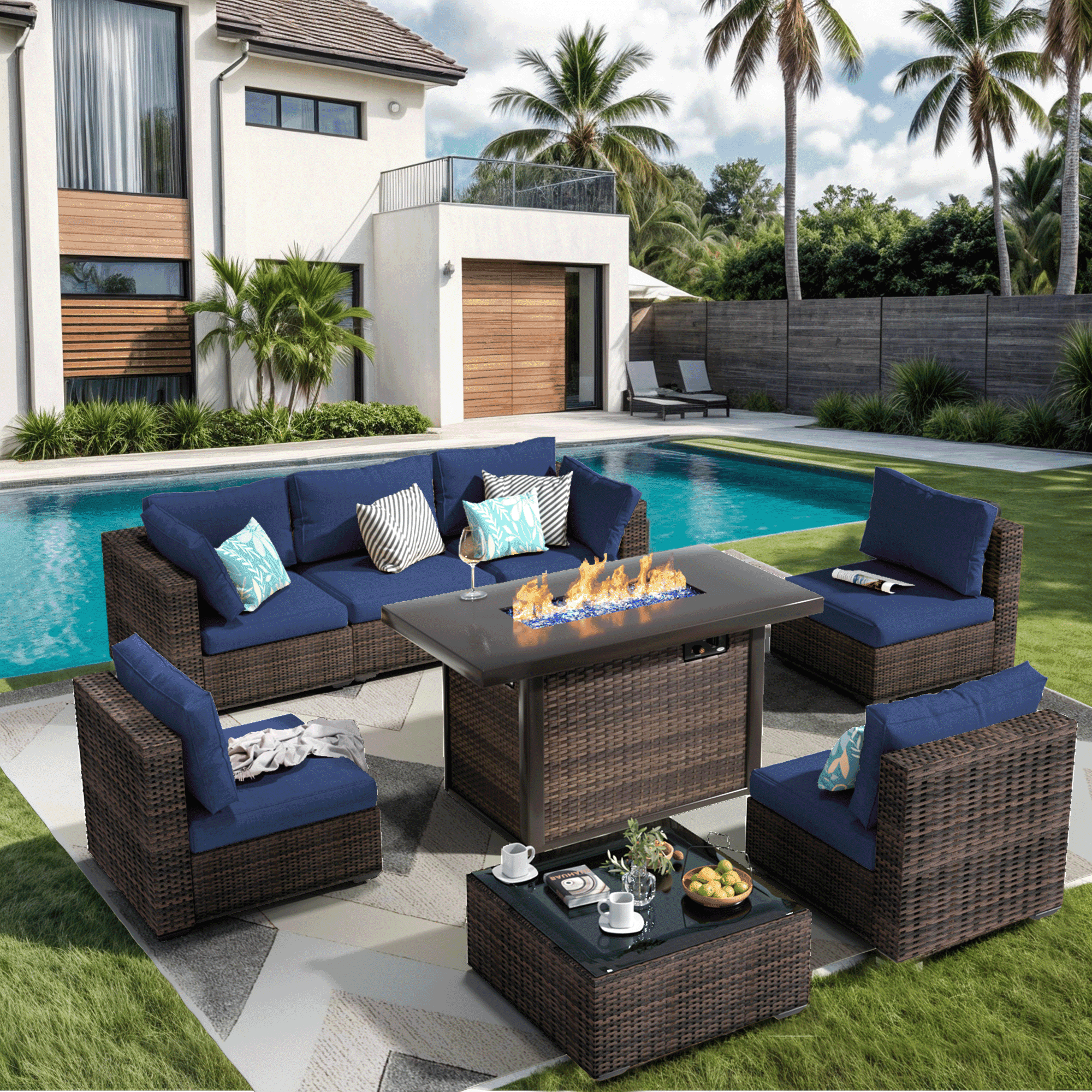 Grezone Outdoor Garden 8 Piece Patio Furniture with 43" 55000BTU Gas Propane Fire Pit Table Rattan Wicker Sectional Set, Blue