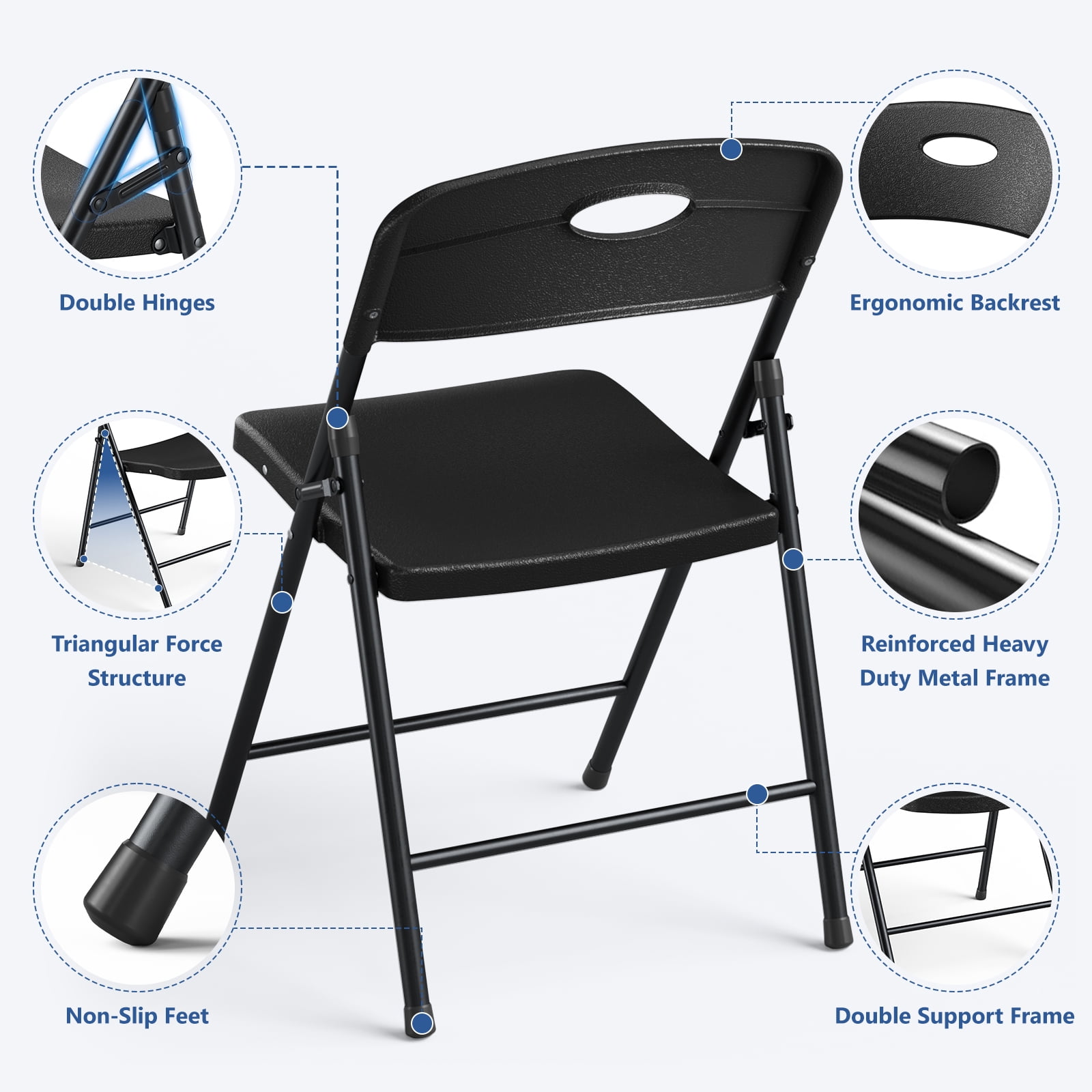 HaiCube 6 Pack Portable Plastic Folding Chair with Back Support, Heavy Duty Steel Frame, Indoor Outdoor for Party Wedding Office Patio, Black