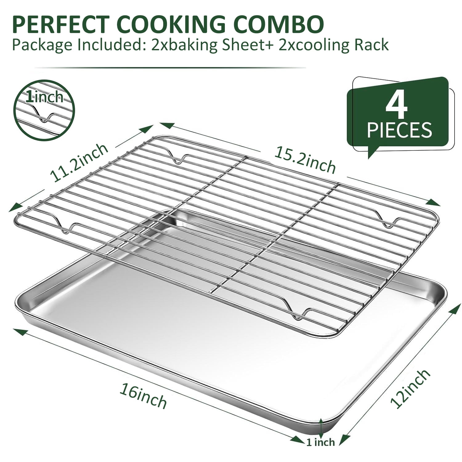 Baking Sheet with Rack Set (2 Pans + 2 Racks), 16” x 12” x 1” Stainless Steel Baking Pan Tray with Cooling Rack, Nonstick Cookie Sheet, Warp Resistant & Heavy Duty & Rust Free
