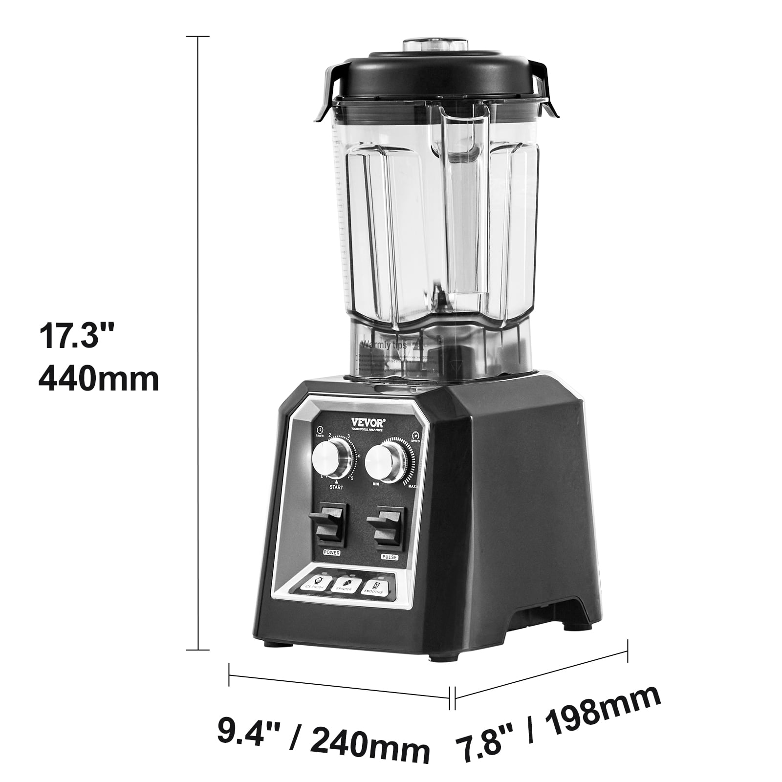 VEVOR Professional Blender, Commercial Countertop Blenders, 68 oz Glass Jar Blender Combo, Stainless Steel 3 Functions Blender, for Frozen Drinks, Shakes, Smoothies, Peree, and Crush Ice, Black