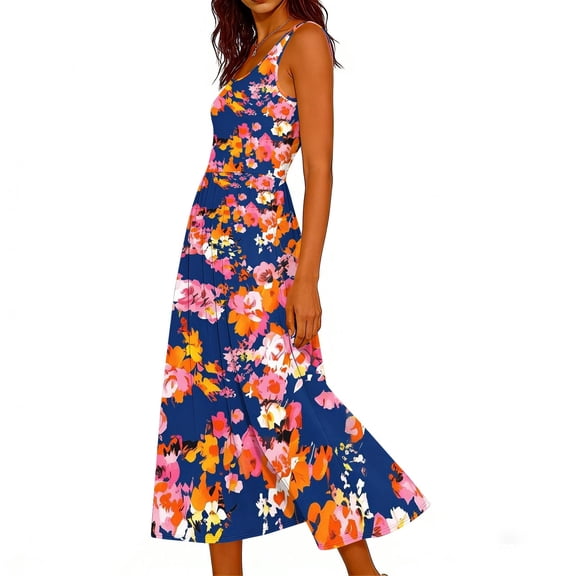 Felirenzacia Women's Summer Elegant Sleeveless Midi Dresses 2026 Wedding Guest Cocktail Party Crewnenck Flowy A Line Long Dress,Navy,XXL