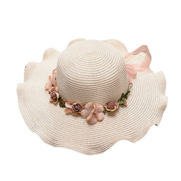 Grandest Birch Flower Decor Lace-up Bowknot Sun Hat Round Dome Sweat Absorption Band Thin Women Big Wave Brim Floppy Straw Hat Accessories ,Gift