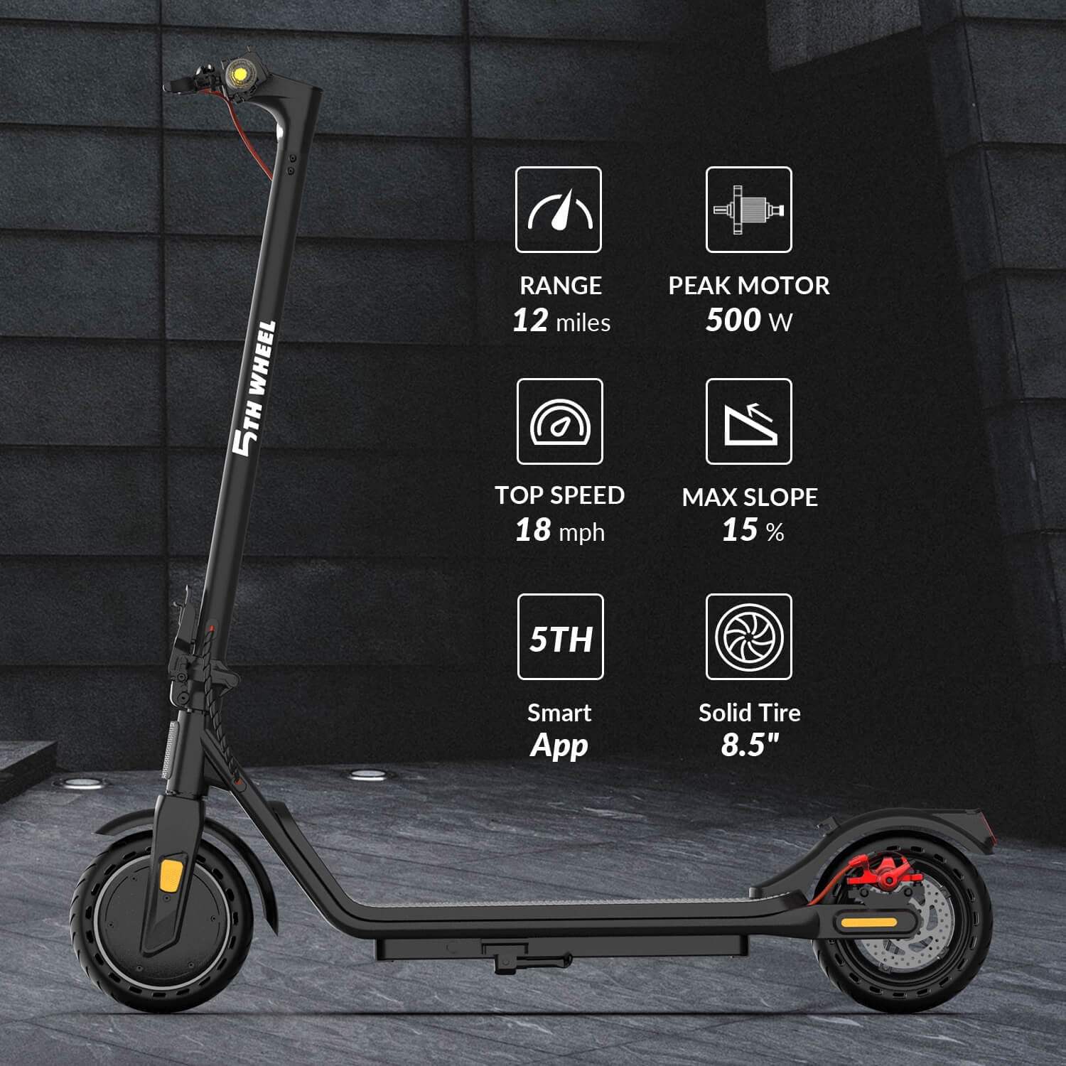 5TH WHEEL W16S 300W Electric Scooter with Turn Signal, 8.5” Solid Tires, 18mph & 12Miles Range, Folding Commuting E-Scooter for Adults with APP Control, UL 2272