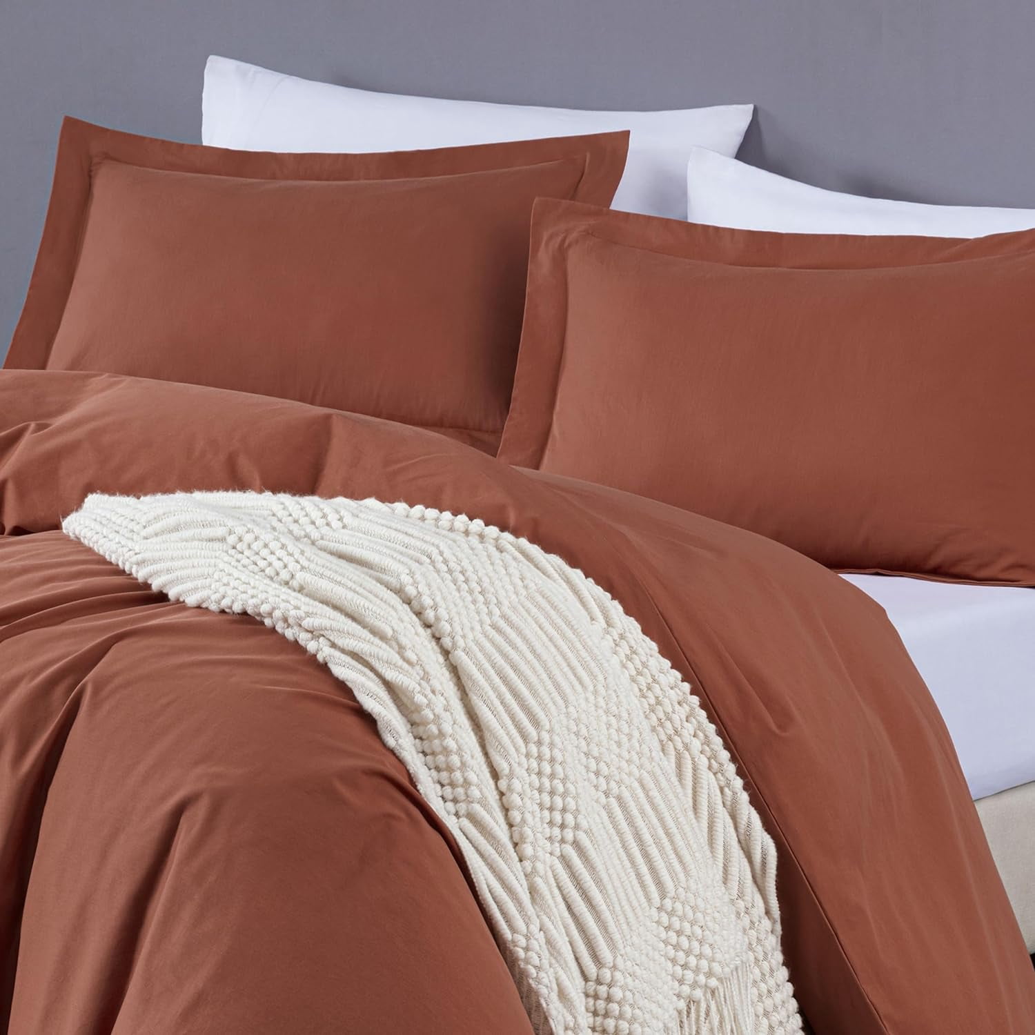 Chezmoi Collection Solid Terracotta 100% Cotton Duvet Cover Set Queen Size, 3-Piece Luxury Soft Breathable Smooth Cooling 250TC Cotton Twill Comforter Cover with Button Closure