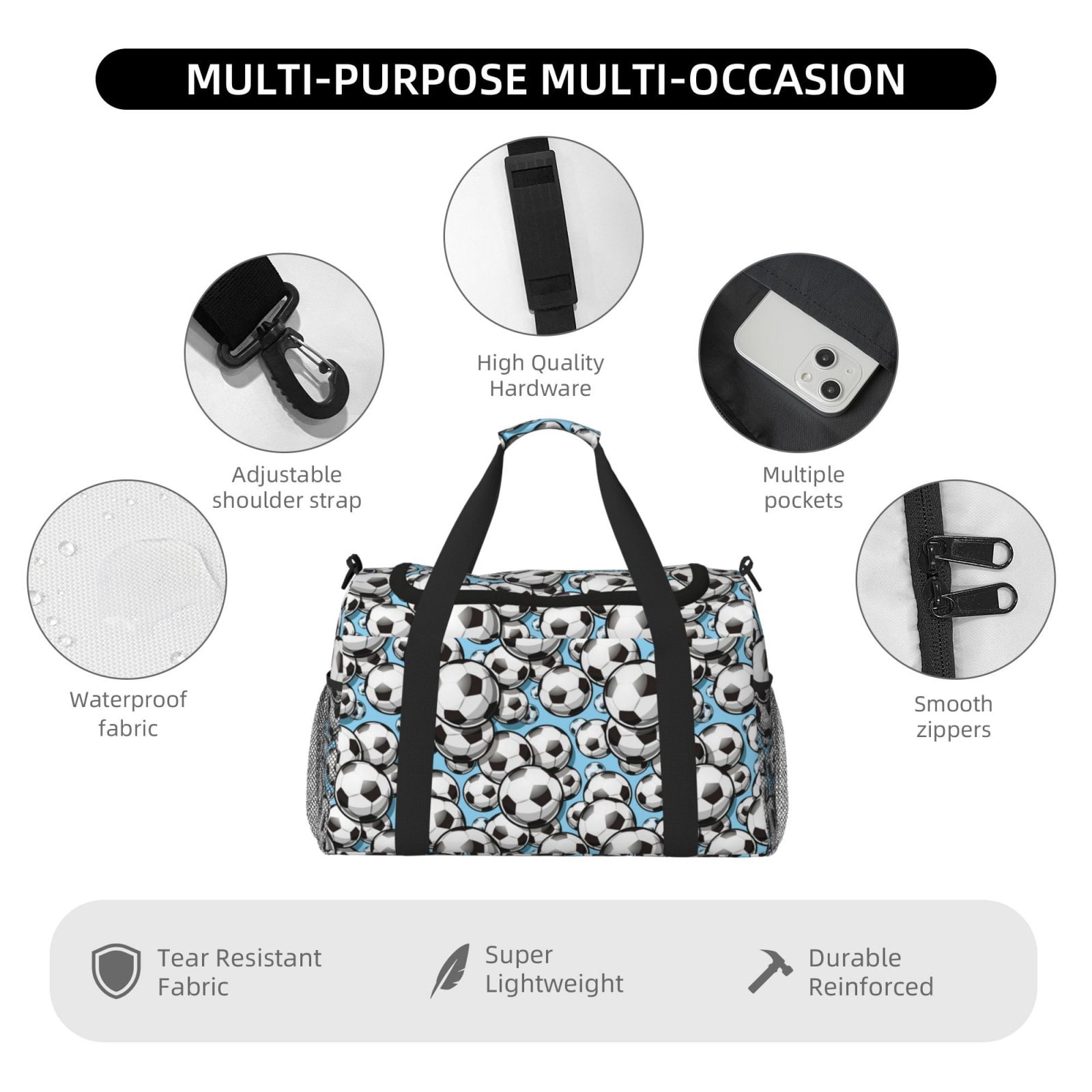 Defioc Football Soccer Ball Print Hand Travel Bag - Foldable Travel Duffel Bags for Men Women -Sport Gym Bag - Overnight Travel Duffel Bag - Adjustable Shoulder Strap