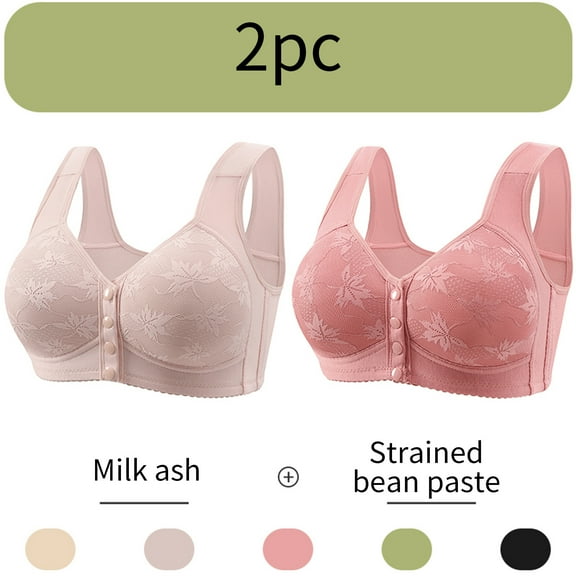 CLOISE Womens Bras No Wire Push Up Plus Size 2 Pack Front Closure No Underwire Bras for Seniors Wireless Full Coverage Push up Front Snap Bra Older Women Lace Everyday Bras Beige XL