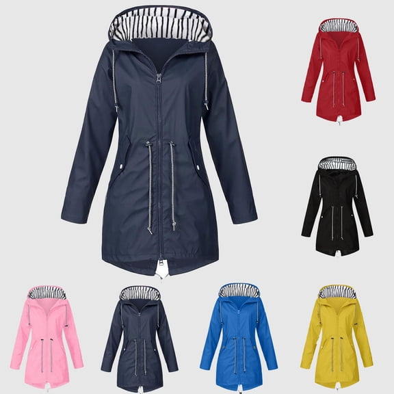 Rain Jacket Women Lightweight Waterproof Plus Size Solid Raincoat Windproof Casual Loose Packable Hooded Top for Outdoor S-5XL on Clearance