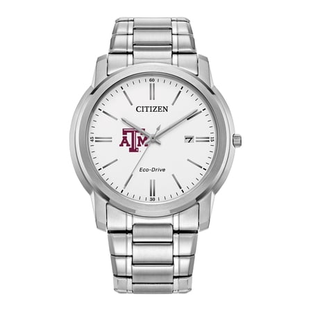 Men's Citizen Watch Silver Texas A&M Aggies Eco-Drive White Dial Stainless Steel Watch