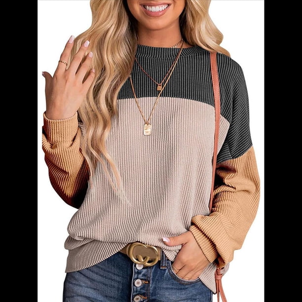 Moda para Mujer 2025, Camisetas Holgadas Informales de Punto con Cuello Redondo y Larga con Bloques de Color Negro M