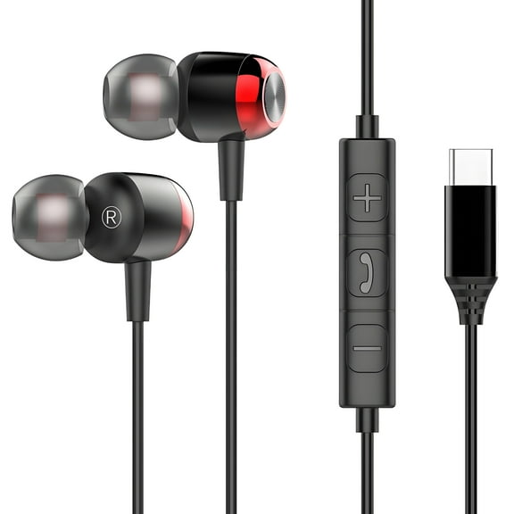GJX Wired Headphones USB C,Gaming Earbuds with Mic Heavy Bass,Alloy Built In-Ear Headphones,Noise Isolating Type C Wired Earbuds,Red