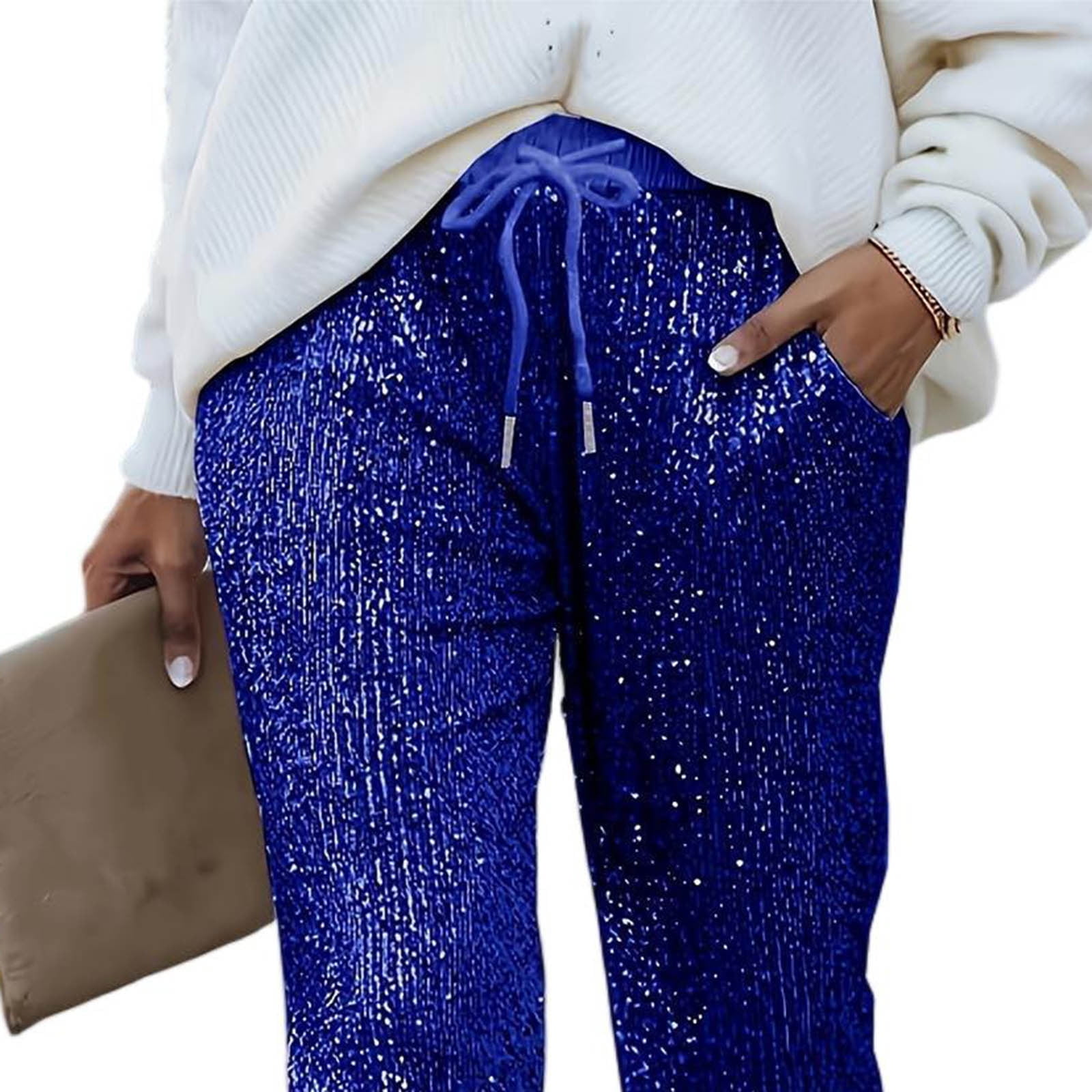 Viikei Glitter Tapered Pants Women's Chic,Ladies Fashion Solid Sequin Pocket Drawstring Casual Pants Women Long Pants Blue XL