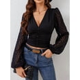 thumbnail image 5 of Womens Chiffon Bell Sleeve Blouse V Neck Peplum Waist Slim Fit Tshirt Elegant Casual Top Black XL, 5 of 9